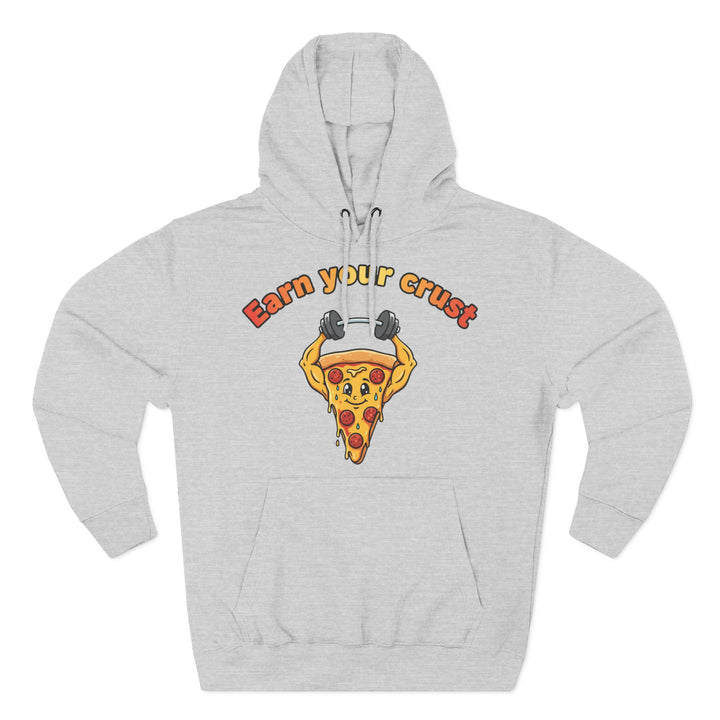 Gray hoodie by S&amp;W Gallus featuring a pizza slice lifting weights and the text "Earn Your Crust."