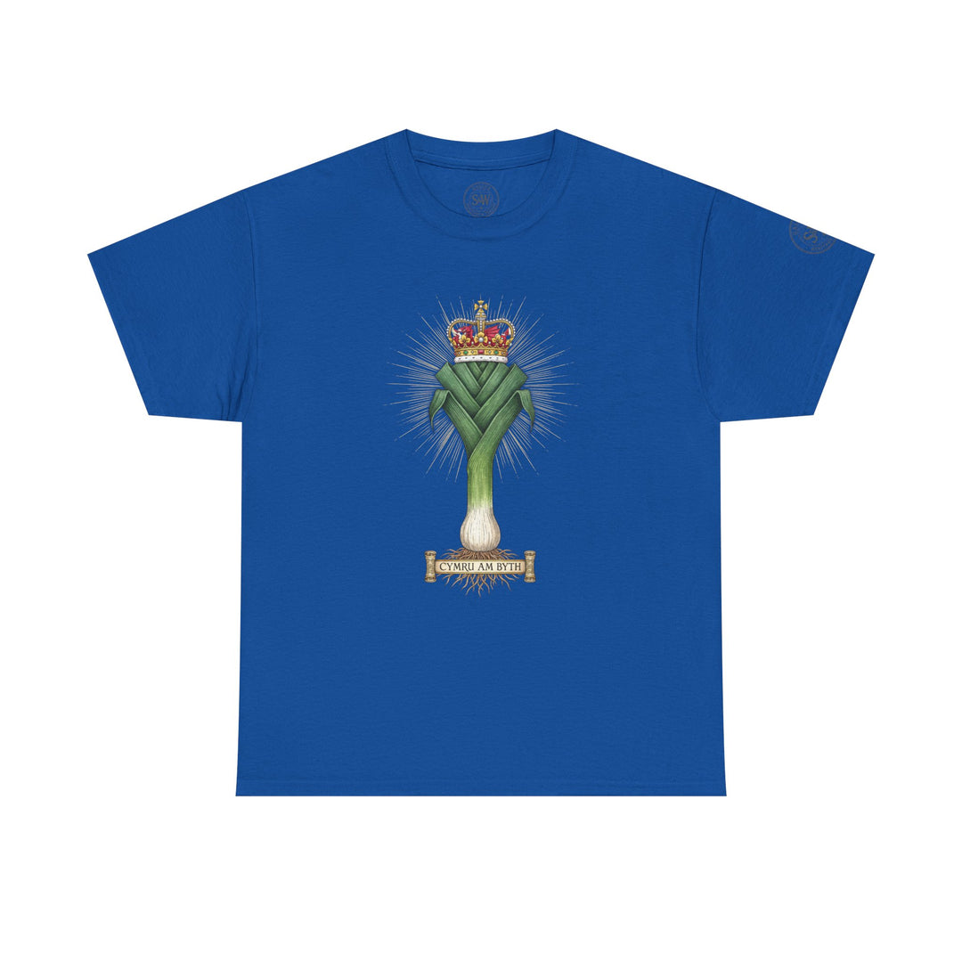 Blue t-shirt by S&amp;W Gallus featuring a crowned leek graphic and a banner that reads "Cymru am Byth".
