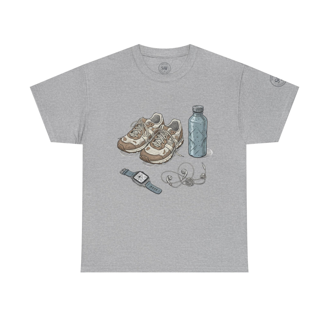 Gray t-shirt by S&amp;W Gallus featuring a graphic of running shoes, a water bottle, a watch, and headphones.