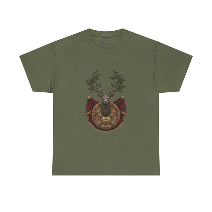 Olive green t-shirt by S&amp;W Gallus featuring a Scottish stag crest design on the front.
