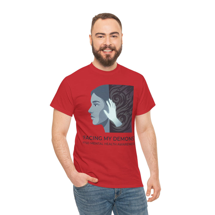 Red t-shirt with a PTSD mental health awareness design by Veteran owned, worn with blue jeans.