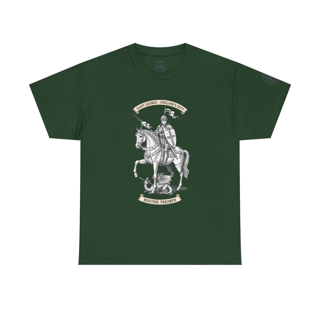 Forest green tee by S&amp;W Gallus featuring a graphic of Saint George slaying the dragon and text banners.