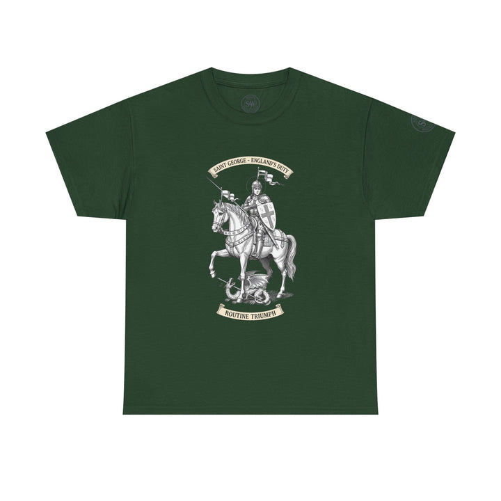 Forest green tee by S&amp;W Gallus featuring a graphic of Saint George slaying the dragon and text banners.