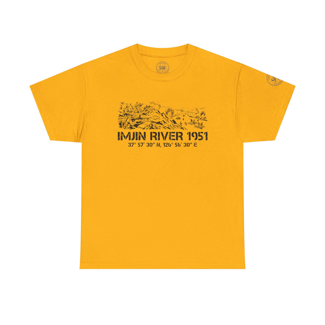 Mustard yellow t-shirt by S&amp;W Gallus, featuring a black graphic print of Imjin River and Korean War imagery.