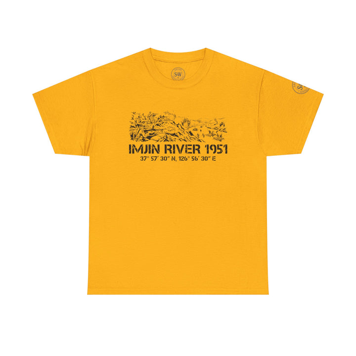 Mustard yellow t-shirt by S&amp;W Gallus, featuring a black graphic print of Imjin River and Korean War imagery.