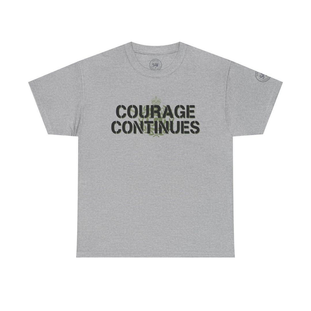 Heather grey t-shirt by S&amp;W Gallus with a "Courage Continues" graphic and a round neck.