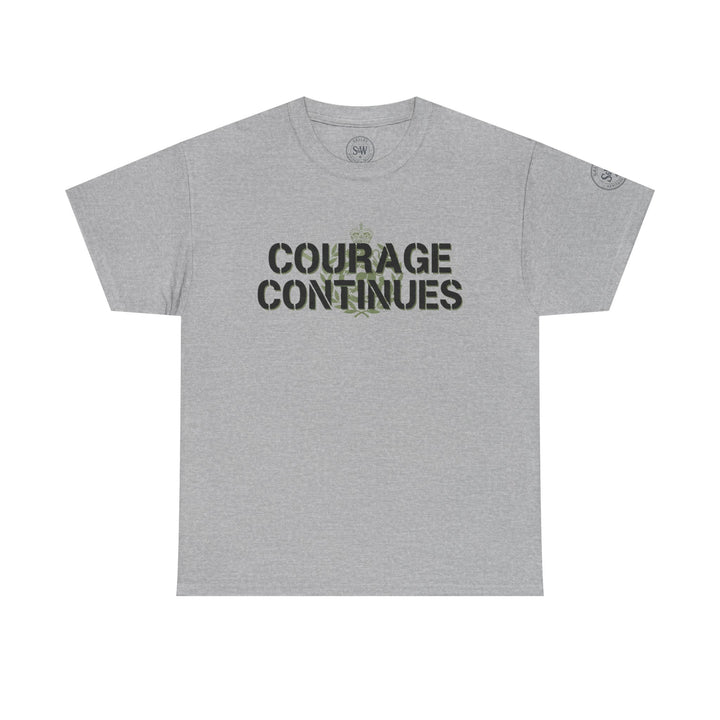 Heather grey t-shirt by S&amp;W Gallus with a "Courage Continues" graphic and a round neck.