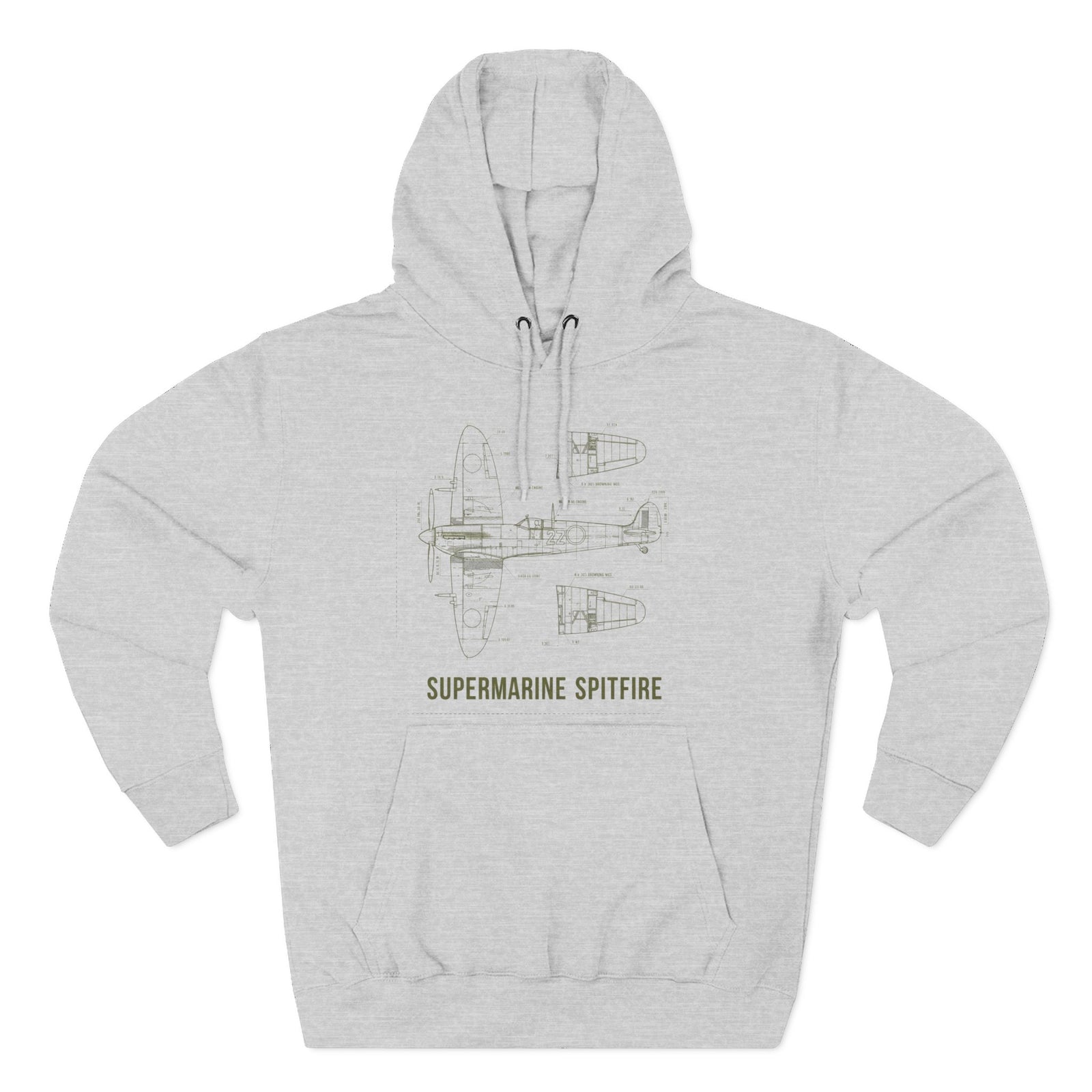 Gray hoodie with a Spitfire blueprint by S&W Gallus, featuring a front pouch pocket and drawstring hood.