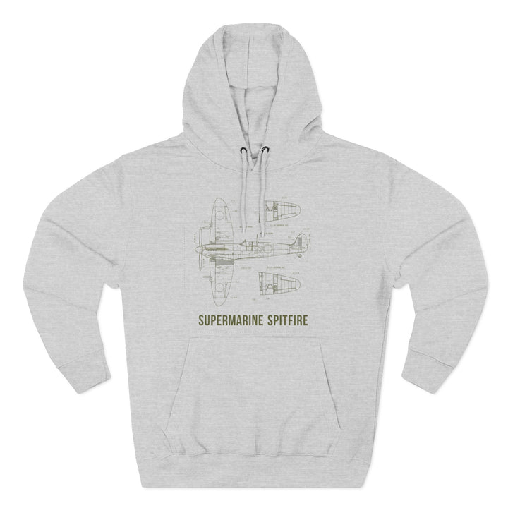 Gray hoodie with a Spitfire blueprint by S&amp;W Gallus, featuring a front pouch pocket and drawstring hood.