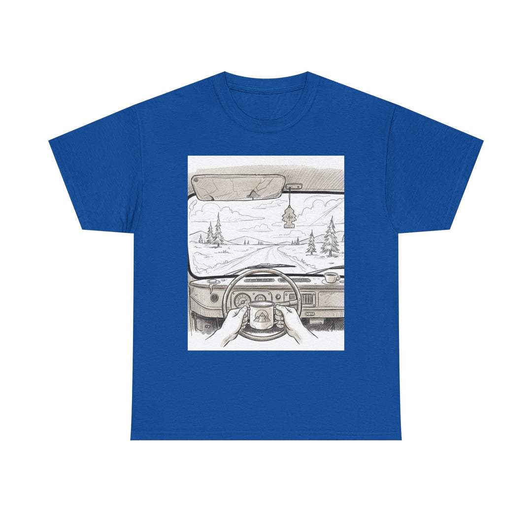 Scenic Drive Van Illustration Tee – soft cotton with a detailed van and landscape design. Perfect for road trips, outdoor adventures, and casual wear.