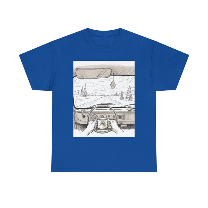 Scenic Drive Van Illustration Tee – soft cotton with a detailed van and landscape design. Perfect for road trips, outdoor adventures, and casual wear.