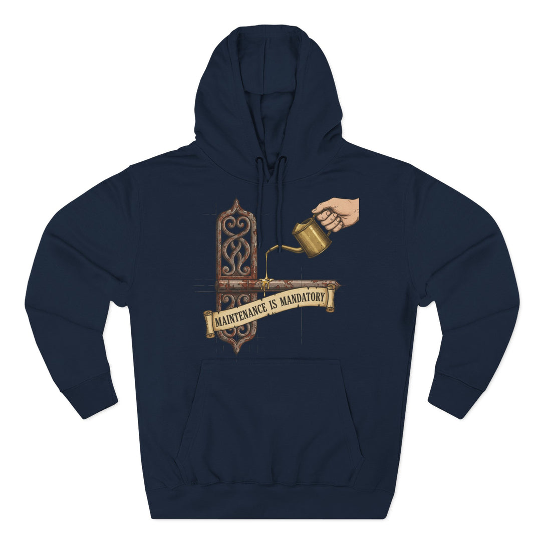 Navy blue hoodie by S&amp;W Gallus with "Maintenance is Mandatory" graphic, featuring an oil can and decorative hinge.