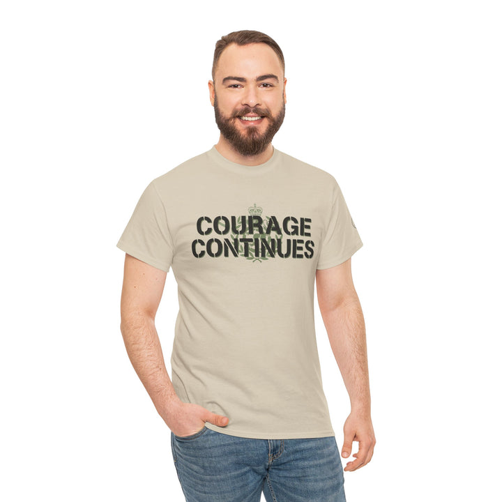Beige Courage Continues PTSD tee by S&amp;W Gallus, featuring a crown and military stencil text on a smiling bearded man.