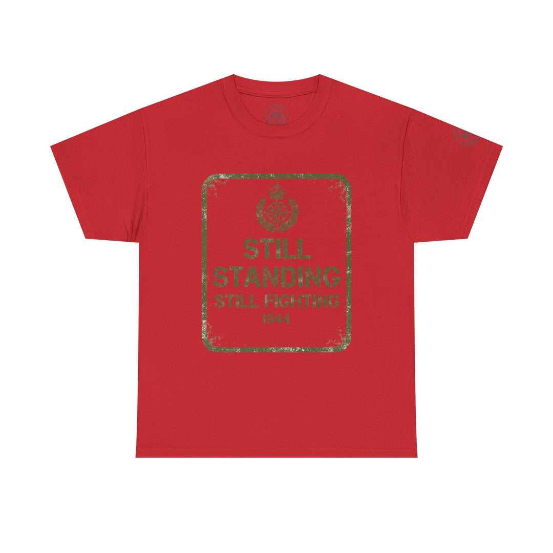 Red t-shirt by S&amp;W Gallus with a vintage-style graphic featuring military insignia and the text "Still Standing, Still Fighting, 1944".