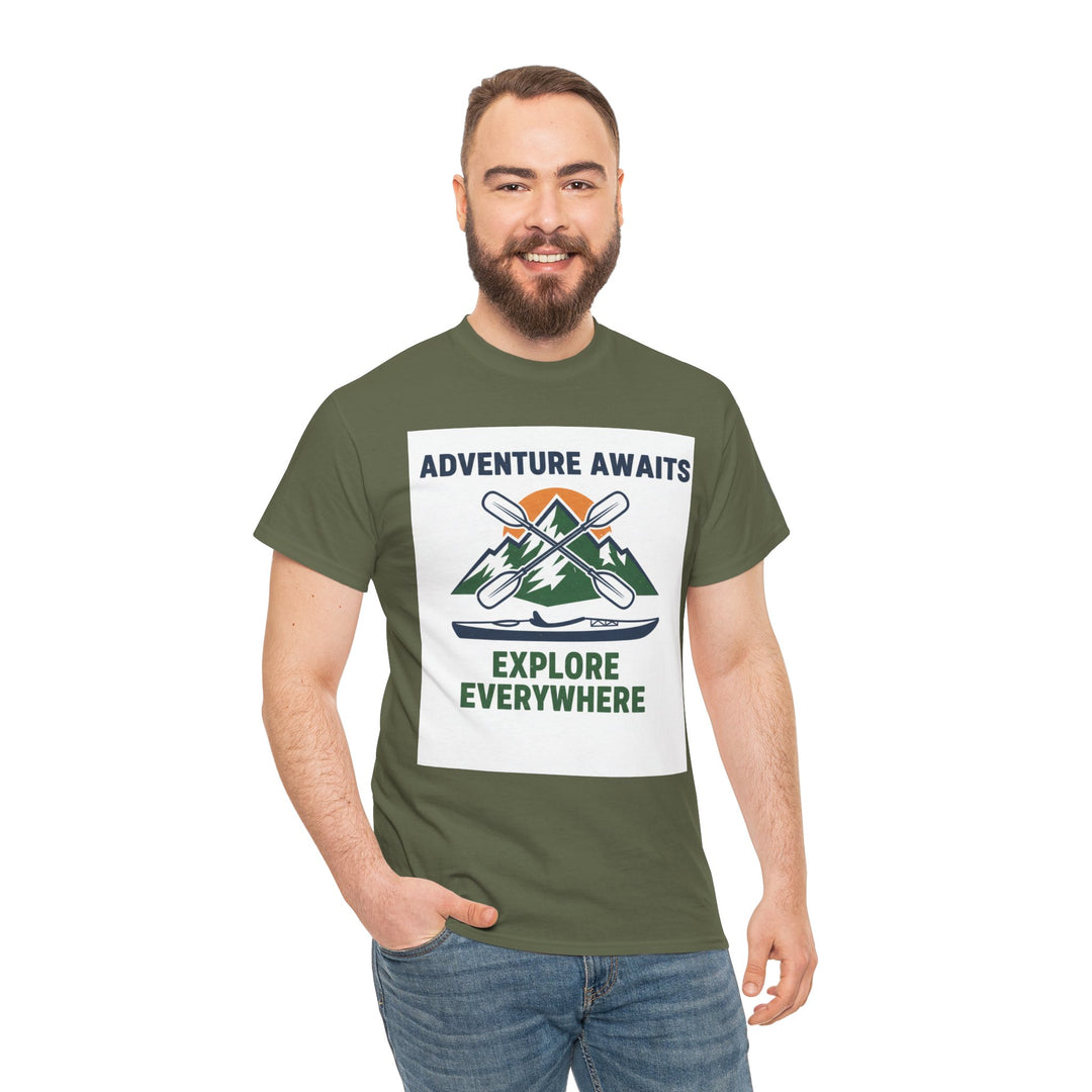 Olive green T-shirt by S&amp;W Gallus, featuring a graphic design of mountains, oars, and a kayak, with the text "Adventure Awaits" and "Explore Everywhere".