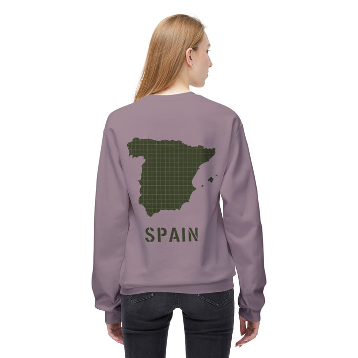 Spain Map Crewneck Sweatshirt — Military Green Grid Spain Graphic