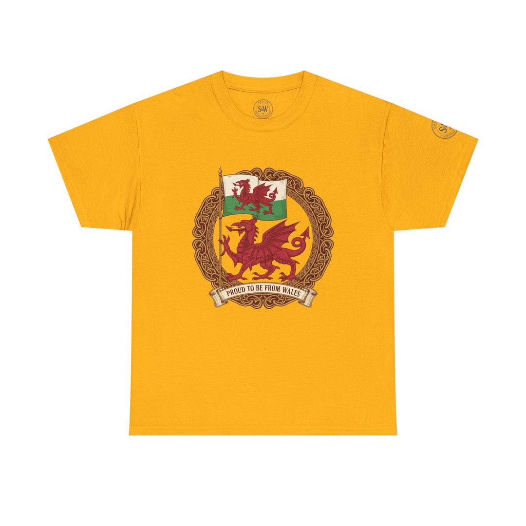 Mustard yellow t-shirt by S&amp;W Gallus featuring a "Proud to be from Wales" design with Welsh dragon and flag.