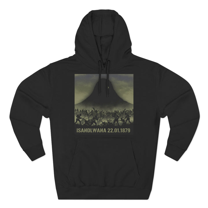 Black hoodie by S&amp;W Gallus featuring a battle scene graphic with a mountain silhouette and the text "ISANDLWANA 22.01.1879."