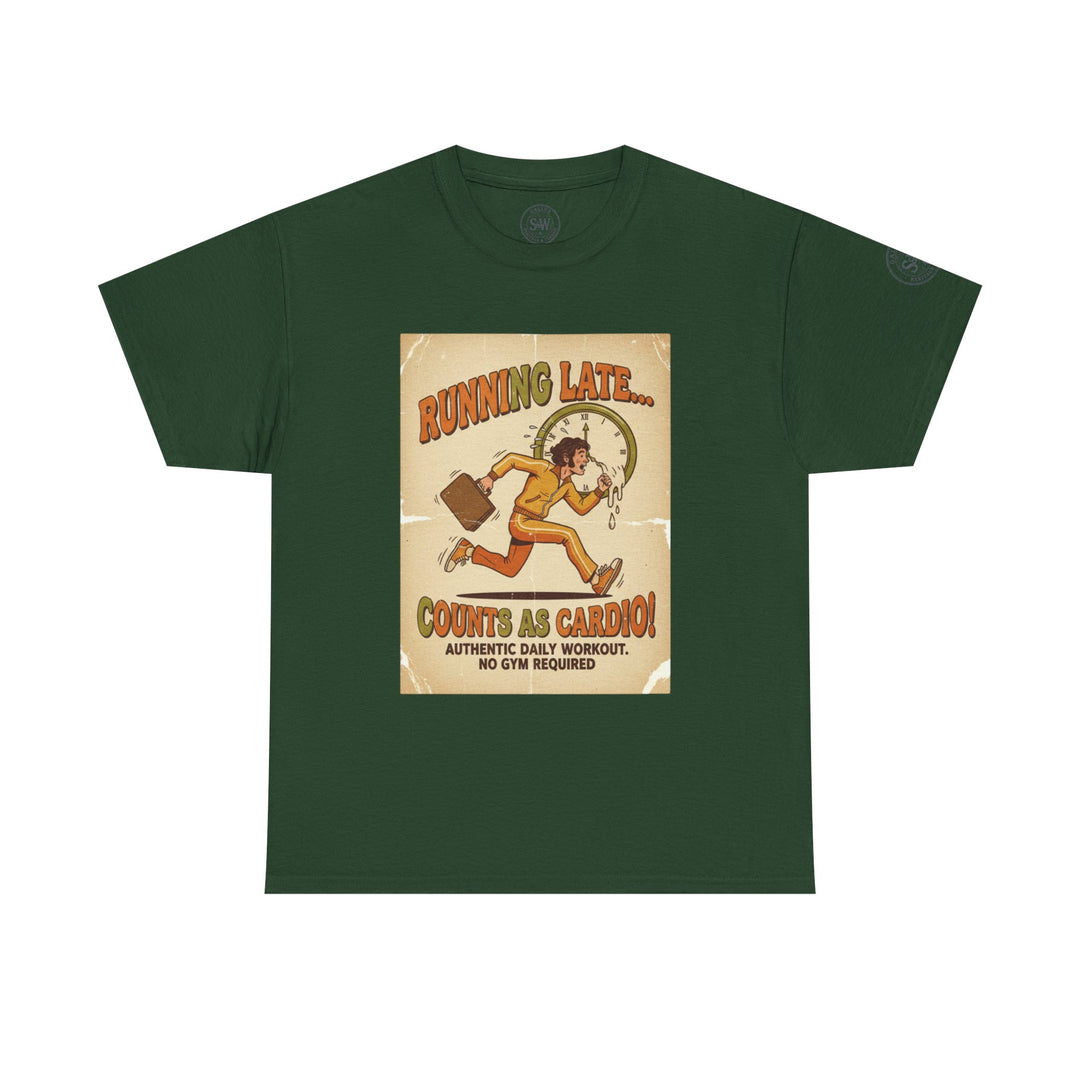 Forest green t-shirt by S&amp;W Gallus featuring a humorous retro graphic of a running man and clock.