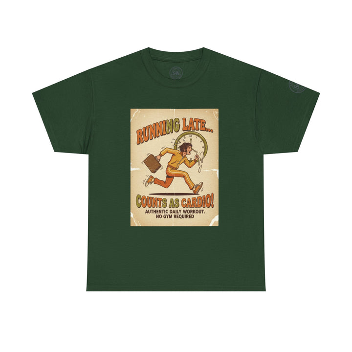 Forest green t-shirt by S&amp;W Gallus featuring a humorous retro graphic of a running man and clock.