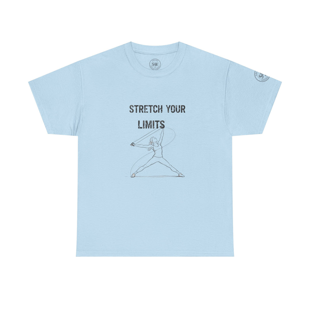 Light blue t-shirt by S&amp;W Gallus featuring a sketched design and the words "Stretch Your Limits".