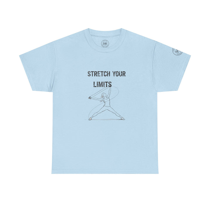 Light blue t-shirt by S&amp;W Gallus featuring a sketched design and the words "Stretch Your Limits".