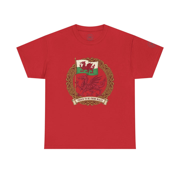 Red t-shirt by S&amp;W Gallus with a graphic of the Welsh flag, a dragon, and "Proud to be from Wales" text.