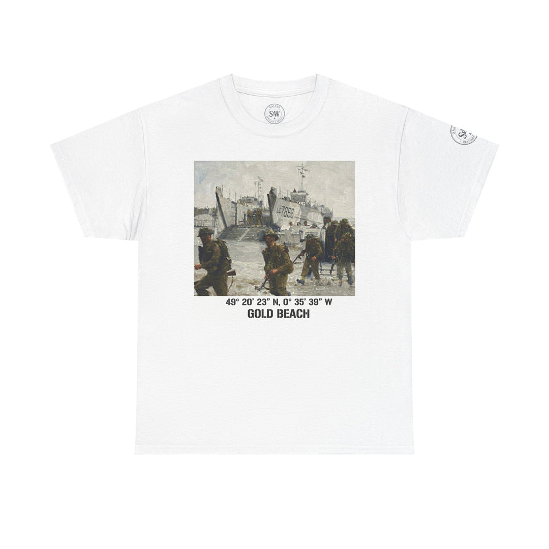 White t-shirt by Veteran owned, featuring a D-Day Normandy scene and coordinates, with a round logo at the neck.