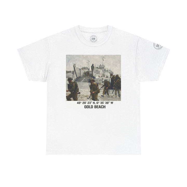 White t-shirt by Veteran owned, featuring a D-Day Normandy scene and coordinates, with a round logo at the neck.