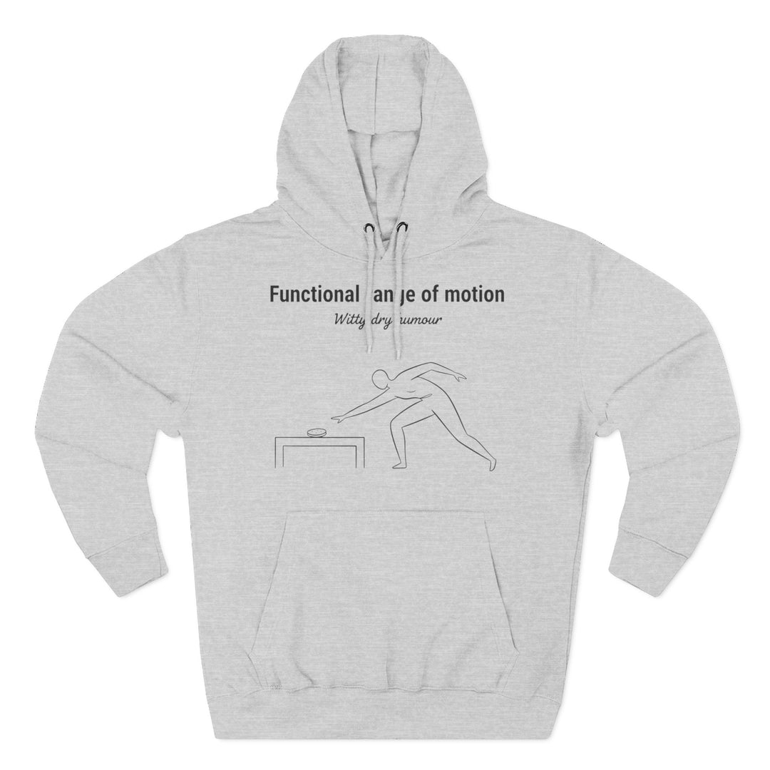 Gray hoodie by S&amp;W Gallus featuring a minimalist line drawing of a person reaching for an item on a table.