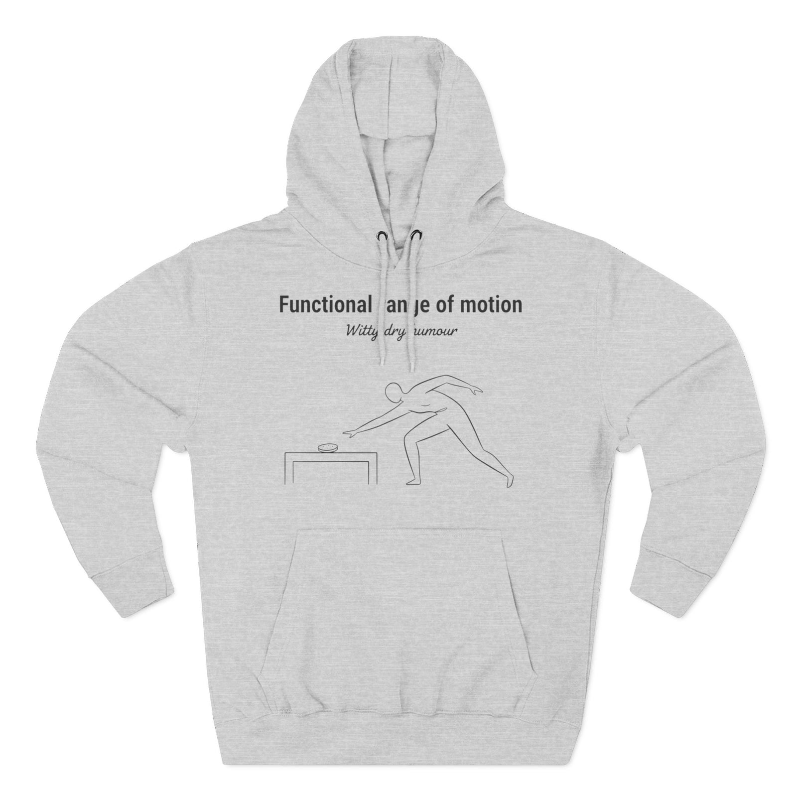 Gray hoodie by S&W Gallus featuring a minimalist line drawing of a person reaching for an item on a table.