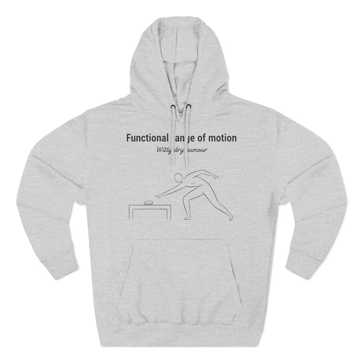 Gray hoodie by S&amp;W Gallus featuring a minimalist line drawing of a person reaching for an item on a table.