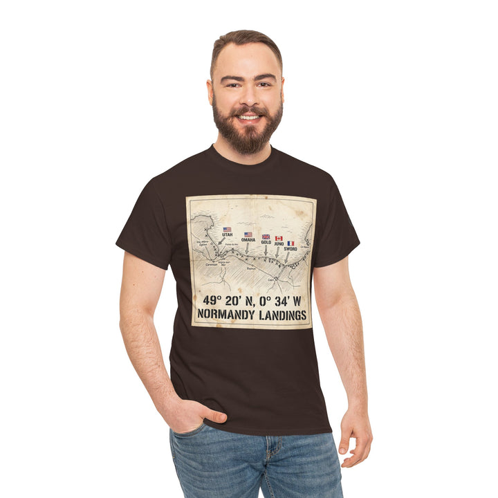 Brown T-shirt with a Normandy landings map by Veteran owned, worn with blue jeans on a smiling man.