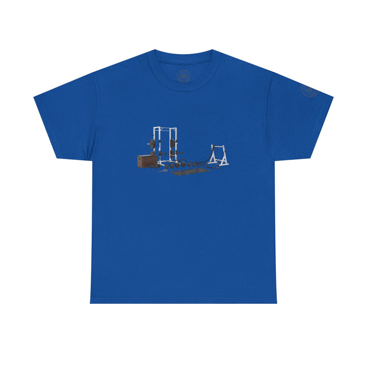 Blue circuit set t-shirt by S&amp;W Gallus, featuring a minimalist design of workout equipment.