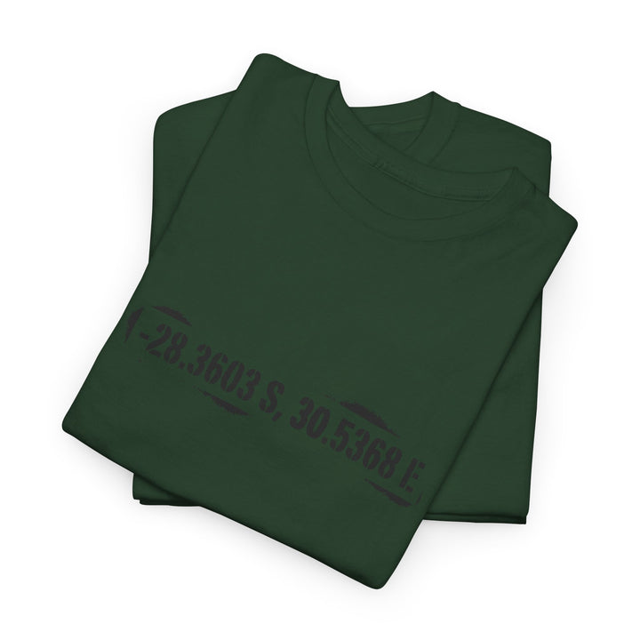 Rorke’s Drift T-Shirt featuring historic battle coordinates. Honor the 1879 Anglo-Zulu War with precise latitude &amp; longitude design.