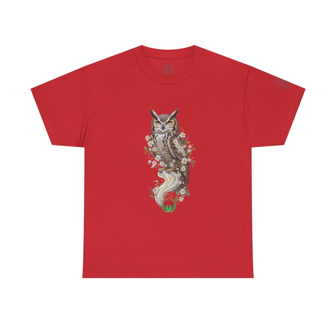 Red graphic t-shirt by S&amp;W Gallus featuring an owl and floral design on the front.