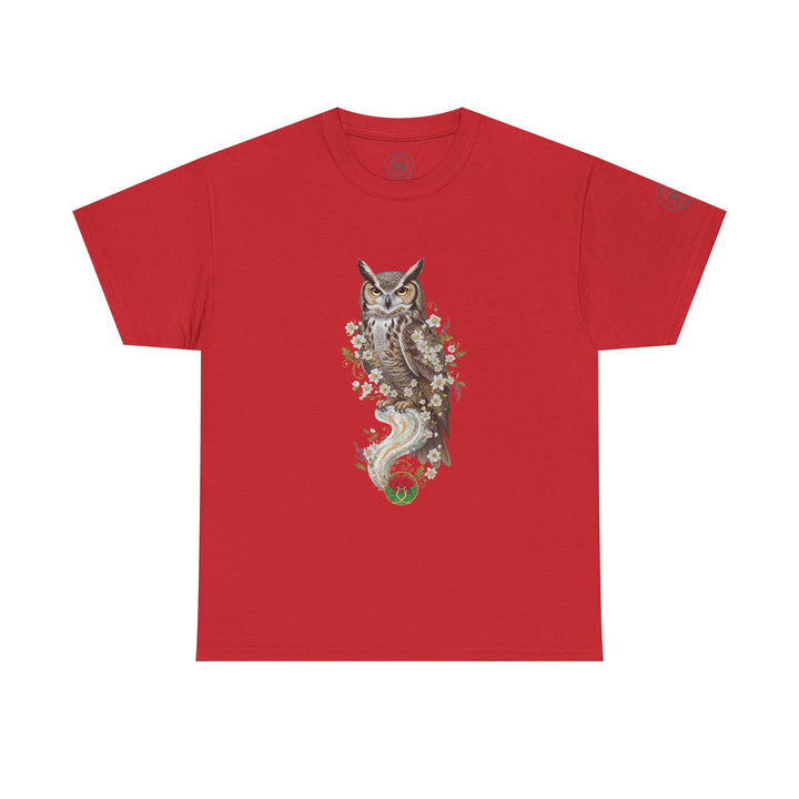 Red graphic t-shirt by S&amp;W Gallus featuring an owl and floral design on the front.