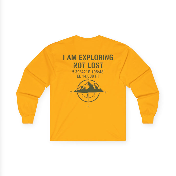 Explorer Long Sleeve Tee — “I Am Exploring Not Lost” Mountain Graphic