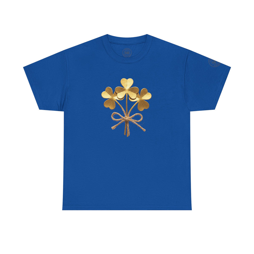 Blue t-shirt by S&amp;W Gallus featuring a shamrock bouquet graphic in gold with a twine bow.