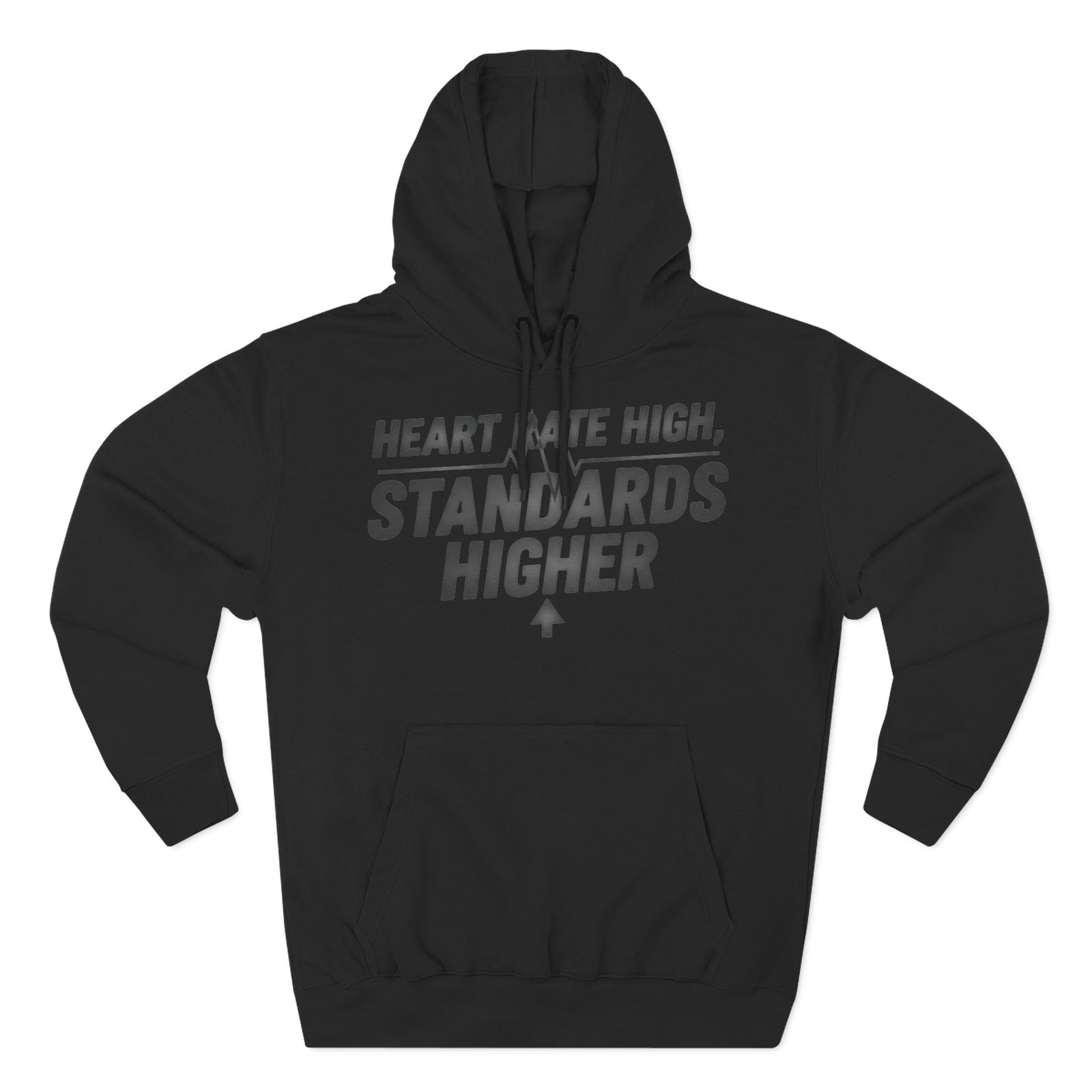 Black hoodie by S&W Gallus with hood up and text graphic on the chest.