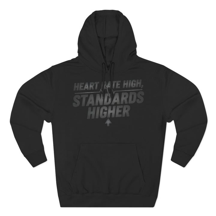 Black hoodie by S&amp;W Gallus with hood up and text graphic on the chest.