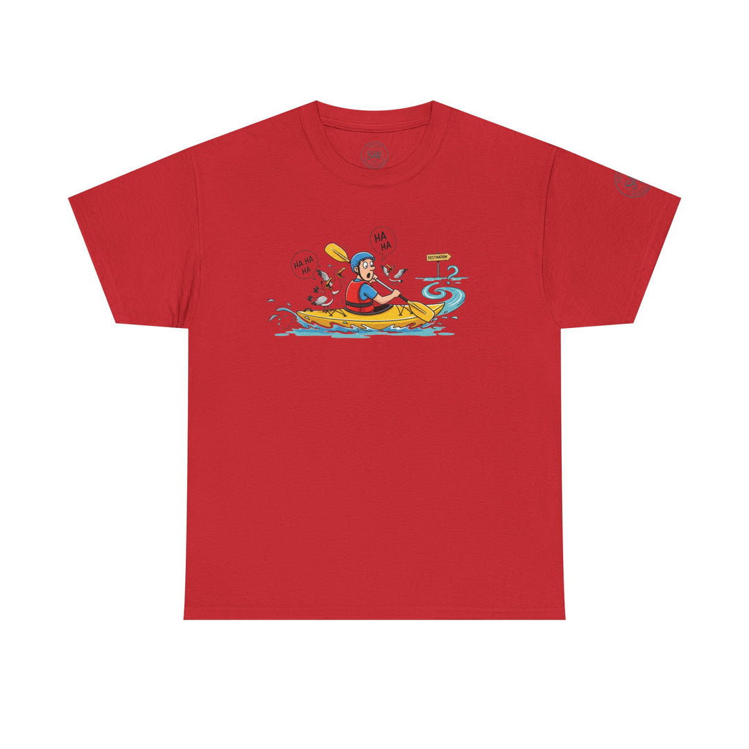 Red t-shirt from S&amp;W Gallus, featuring a cartoon graphic of a kayaker being mocked by birds.