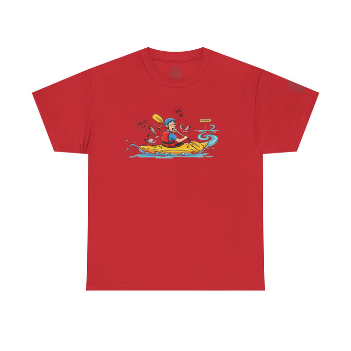 Red t-shirt from S&amp;W Gallus, featuring a cartoon graphic of a kayaker being mocked by birds.