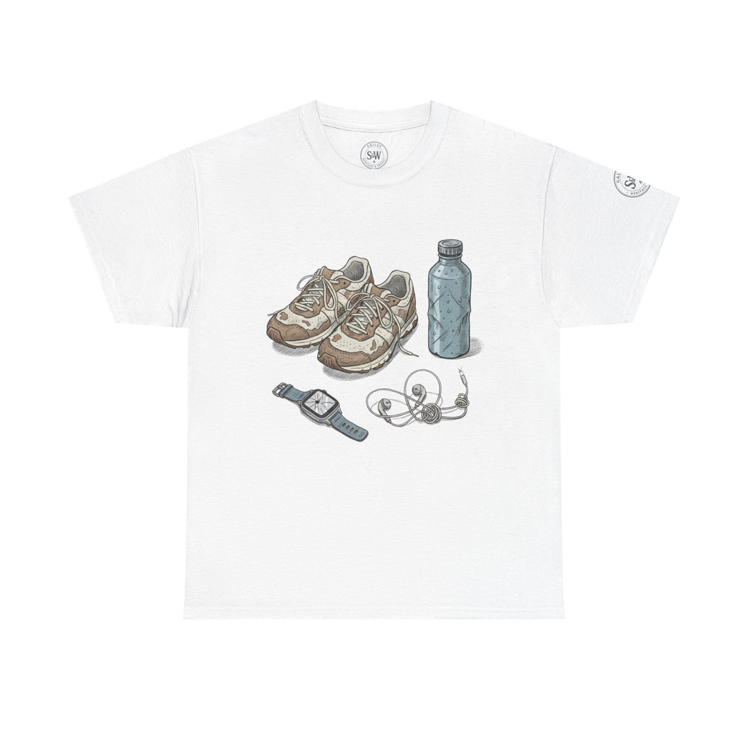 White t-shirt by S&amp;W Gallus with a graphic print of running shoes, a water bottle, headphones, and a smartwatch.