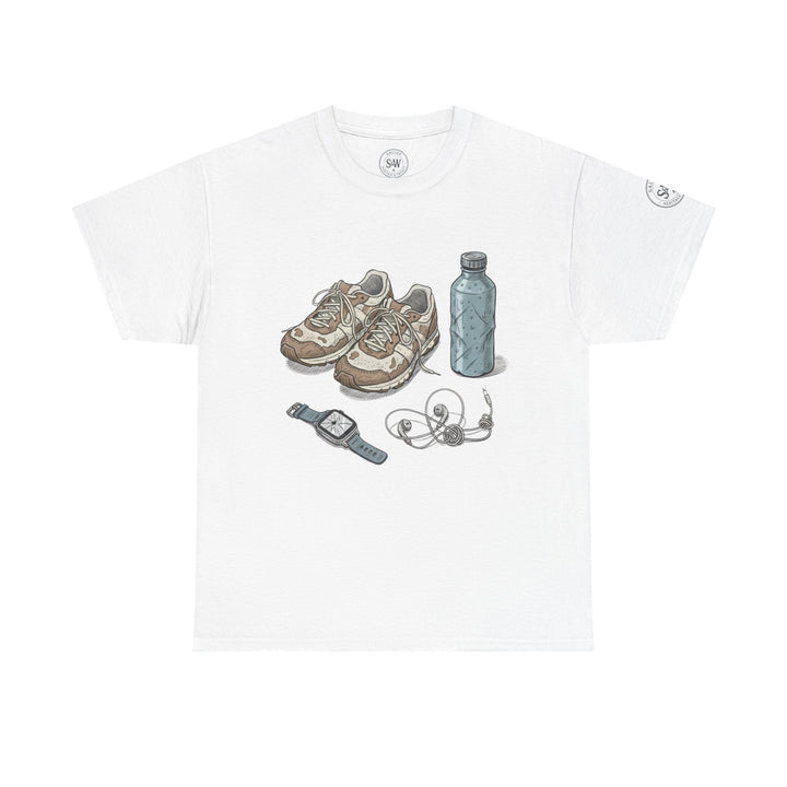 White t-shirt by S&amp;W Gallus with a graphic print of running shoes, a water bottle, headphones, and a smartwatch.