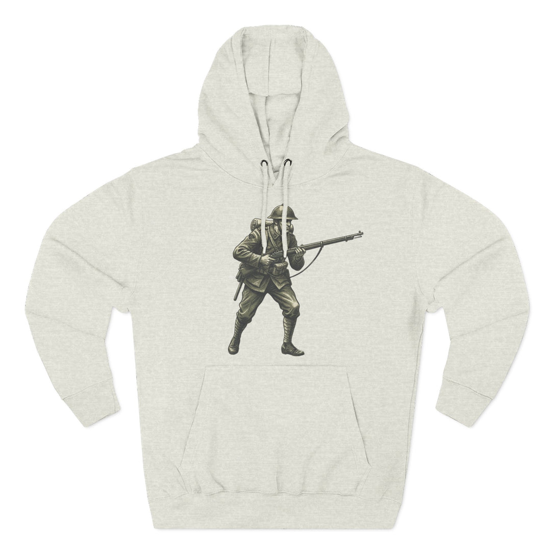Heather grey hoodie by S&amp;W Gallus featuring a World War One soldier graphic on the front.
