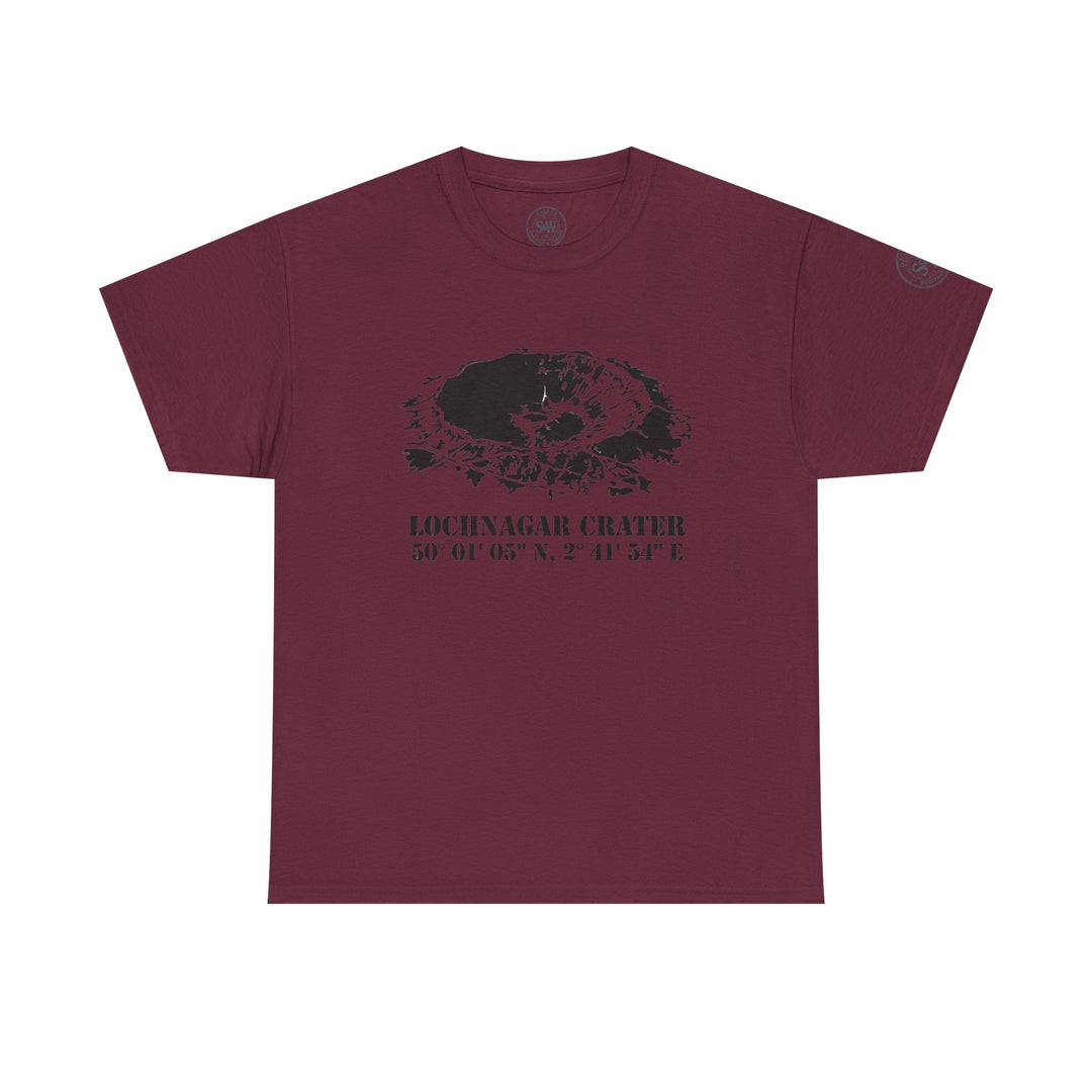 Maroon t-shirt by S&amp;W Gallus with a graphic of the Lochnagar Crater and its coordinates.