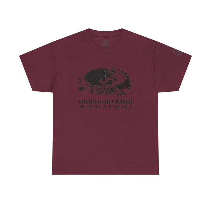 Maroon t-shirt by S&amp;W Gallus with a graphic of the Lochnagar Crater and its coordinates.