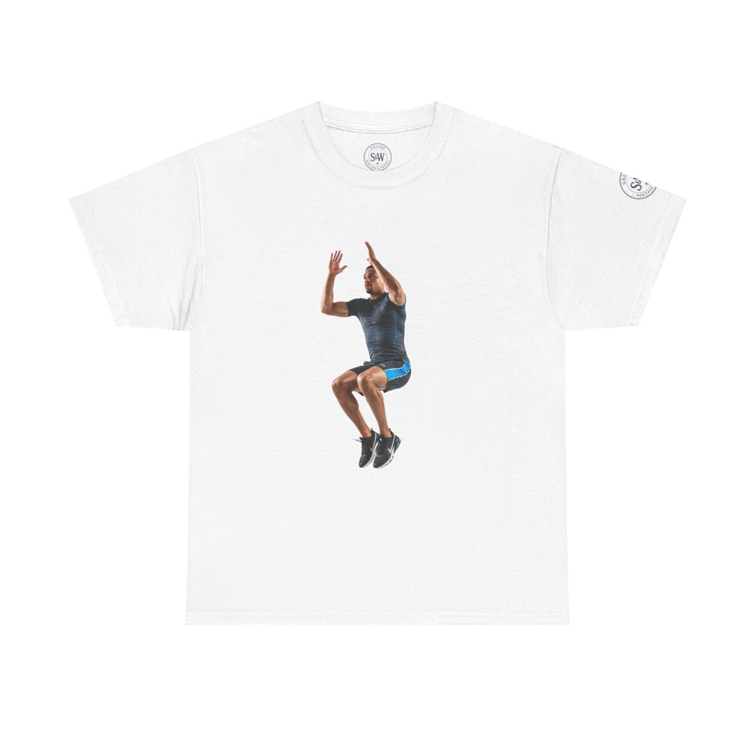 White t-shirt by S&amp;W Gallus featuring a printed image of a man jumping in athletic gear.