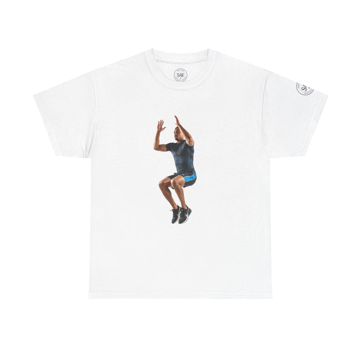 White t-shirt by S&amp;W Gallus featuring a printed image of a man jumping in athletic gear.